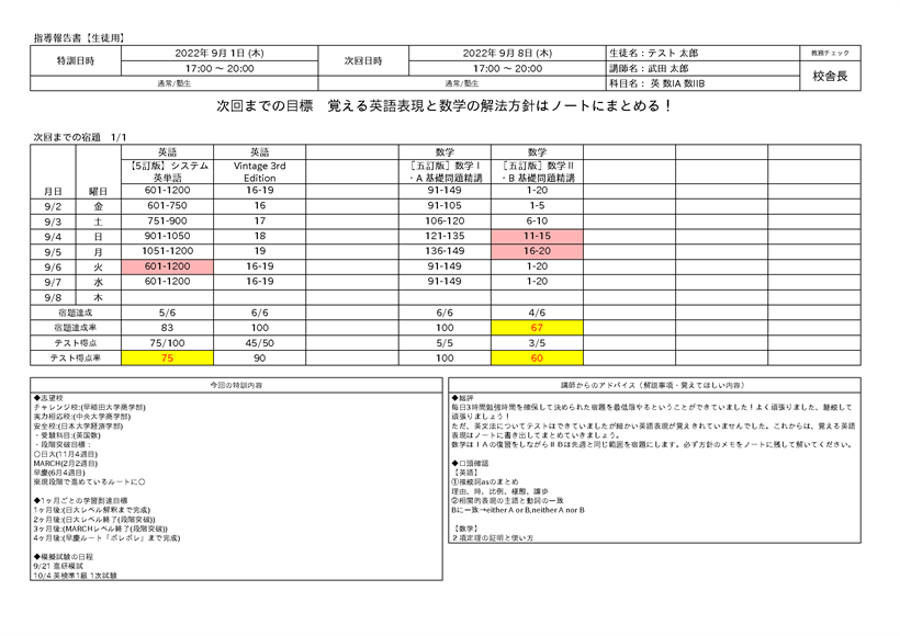 電子指導報告書の例