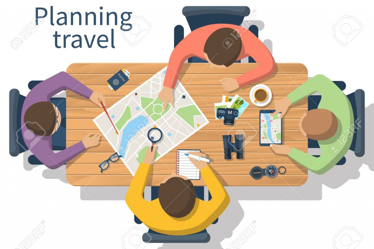 57972687-旅行の計画、ベクトル。旅行計画。観光旅行を計画のテーブルで人々-のチーム。-休日のための場所を検索の休暇を計画します。フラットなデザイン