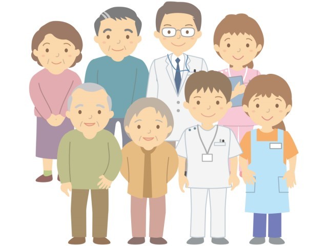 高齢者とその家族を支える医療従事者たちのイラスト