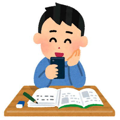 勉強中にスマホを使う人のイラスト（男性）