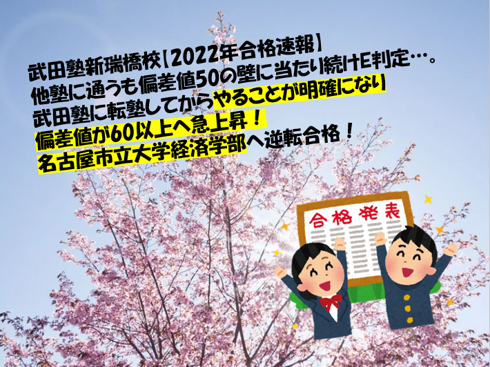 【2022年合格速報】他塾でぶつかった偏差値50の壁を武田塾で突破！名古屋市立大学経済学部へ逆転合格！