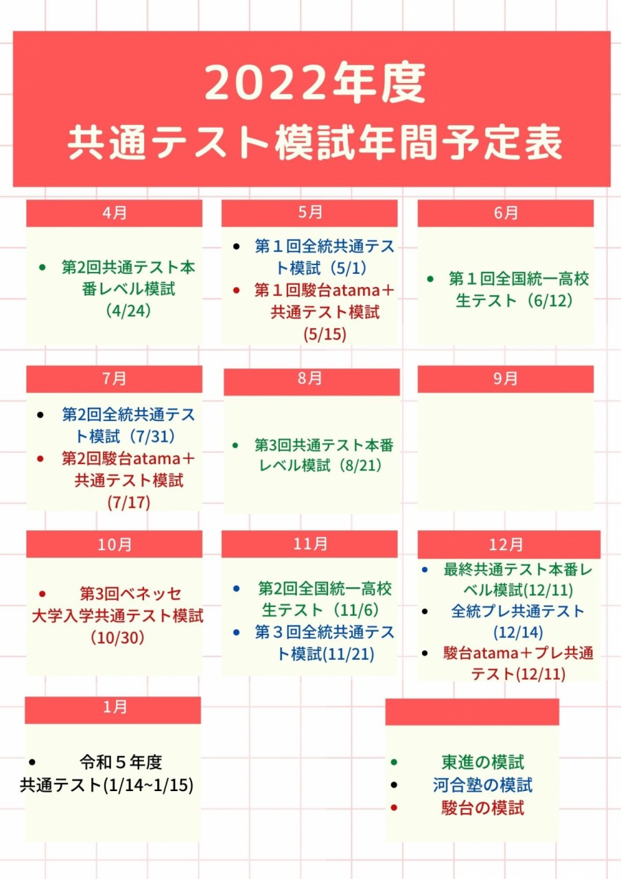 22年 全模試日程一覧 共テ模試や冠模試 難易度 範囲は 予備校なら武田塾 香椎校