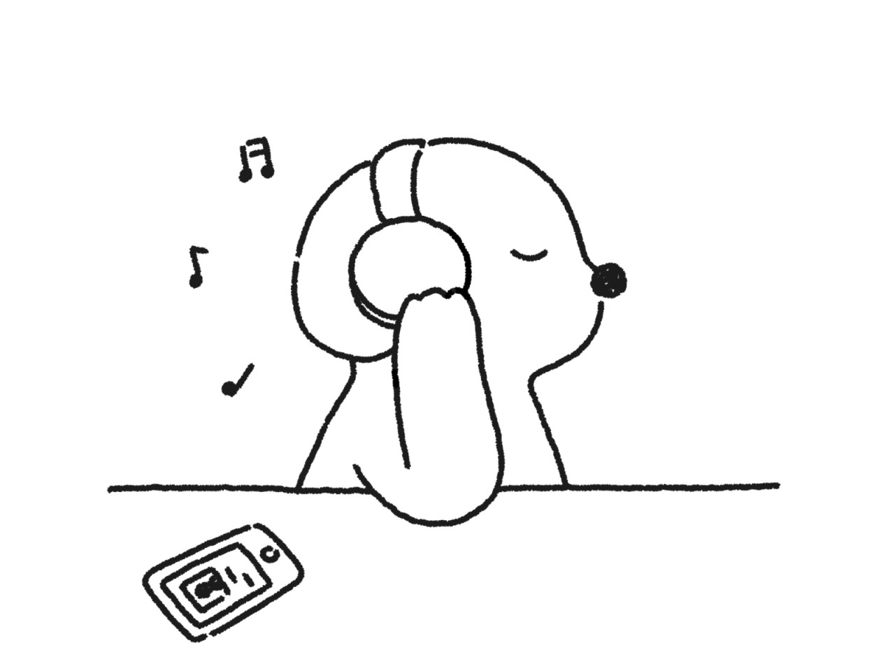 スマホで音楽を聴いている犬