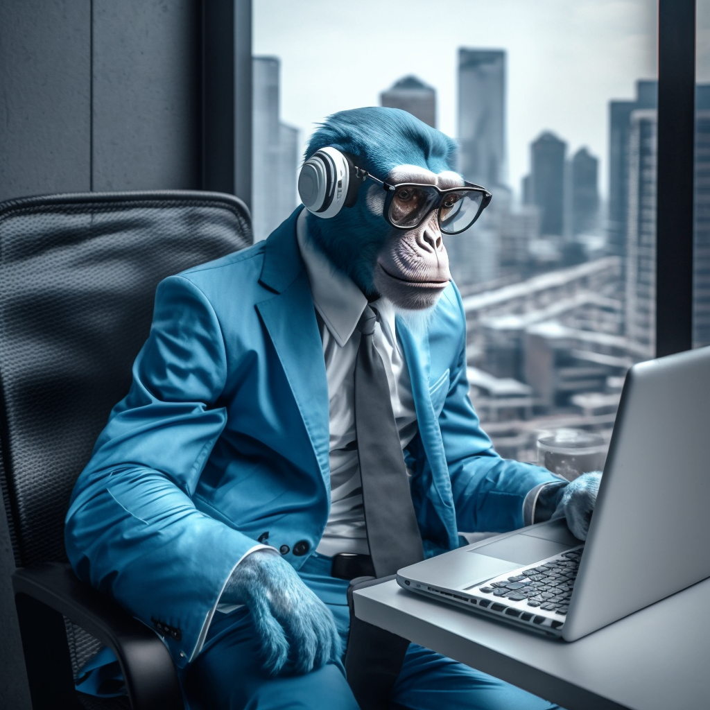Rin_Kunitake_blue_monkey_with_black_glasses_and_white_suit_sitt_2961c7bf-5700-42ab-aa5e-ab5698084f0d