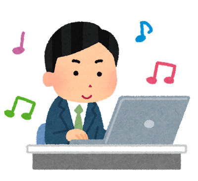 音楽を聴きながら仕事をする人のイラスト（男性）