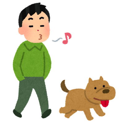 リードなしで犬を散歩させる人のイラスト