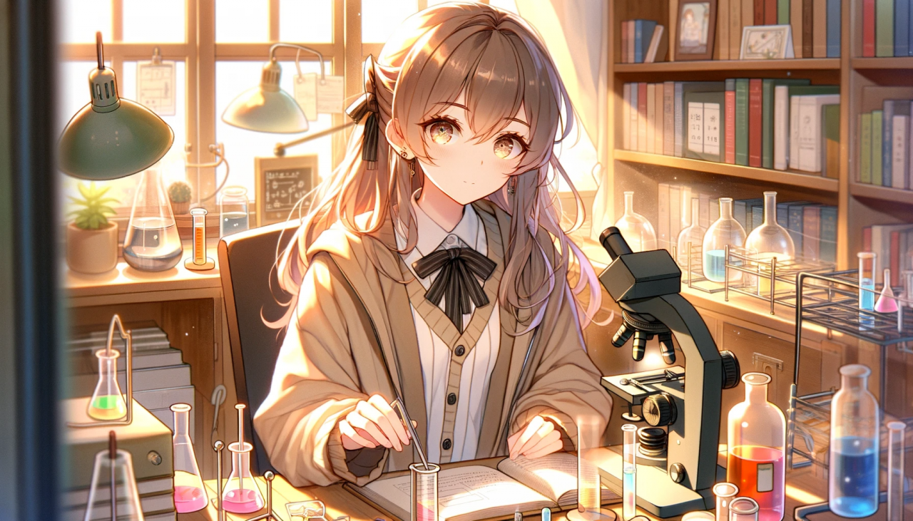 DALL·E 2023-11-22 14.06.57 - Anime illustration of a female science student, matching the visual style of the provided image. She's in a study room or laboratory setting, surround