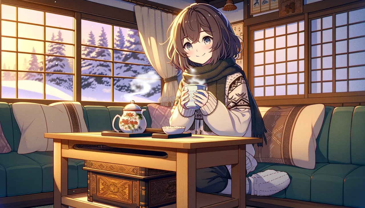 DALL·E 2023-11-28 14.27.35 - A wide anime-style illustration of a high school girl drinking cocoa while sitting at a kotatsu. The girl is cozy and relaxed, with a content smile as