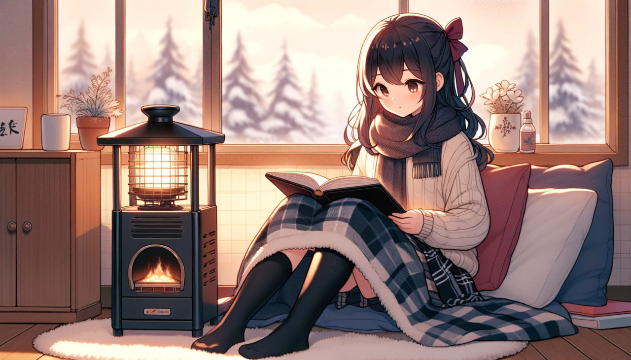 DALL·E 2023-11-18 14.13.50 - Anime illustration of a high school girl reading a book at a kotatsu. She's comfortably seated, with a warm blanket over her legs, the kotatsu's light