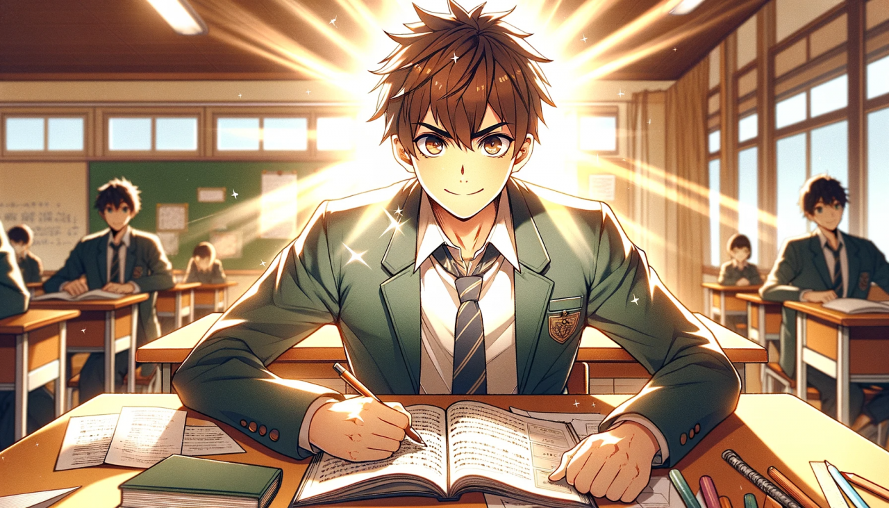 DALL·E 2023-11-30 16.41.38 - Create a horizontal anime-style illustration of a motivated male high school student. The student should be brimming with motivation, shown through an