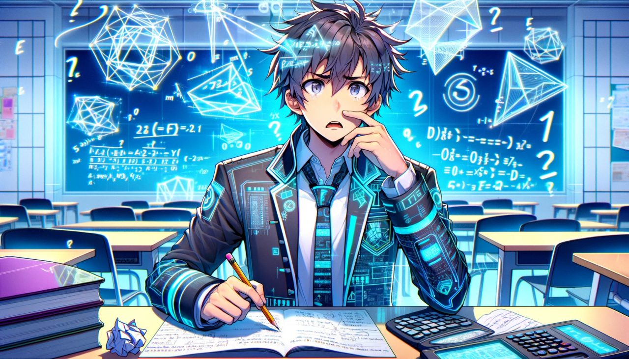 DALL·E 2023-11-25 13.59.01 - Create a horizontal anime-style illustration of a male high school student in a futuristic uniform looking confused and struggling with mathematics. T