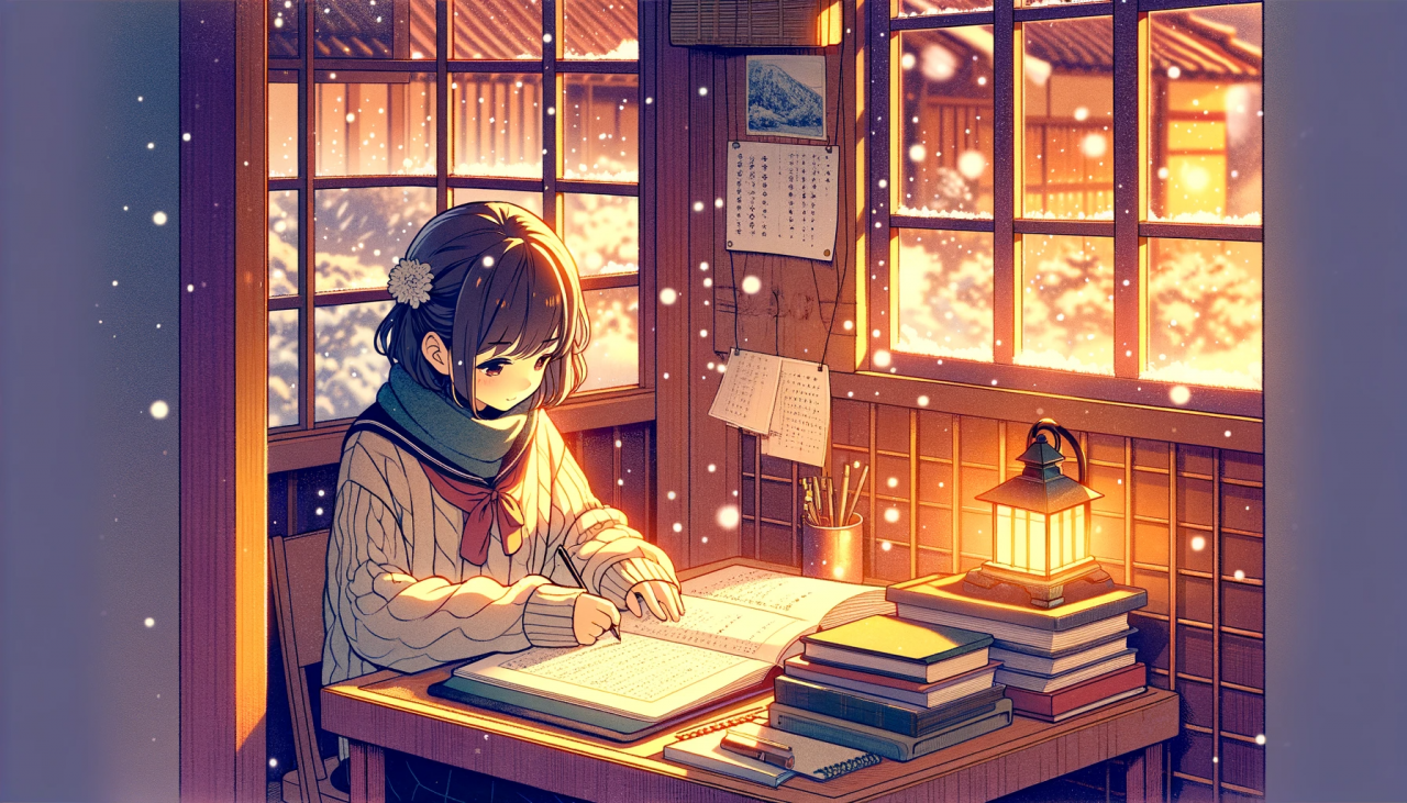DALL·E 2023-11-18 14.13.42 - Anime illustration in the same style as the previous images, showing a high school girl studying at a kotatsu during winter. The setting is a cozy roo