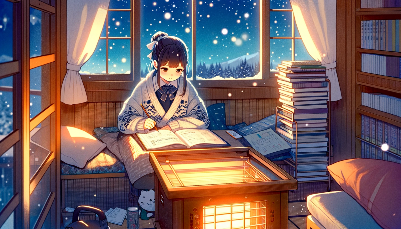 DALL·E 2023-11-18 14.14.09 - Anime illustration in the same style as the previous images, showing a high school girl studying at a kotatsu during winter. The setting is a cozy roo