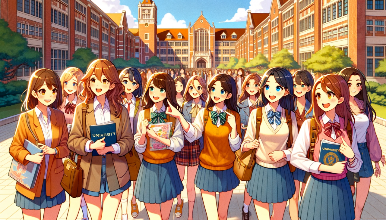 DALL·E 2023-11-30 16.41.40 - Create a horizontal anime-style illustration of a group of female high school students visiting a university. They should appear curious and excited, 