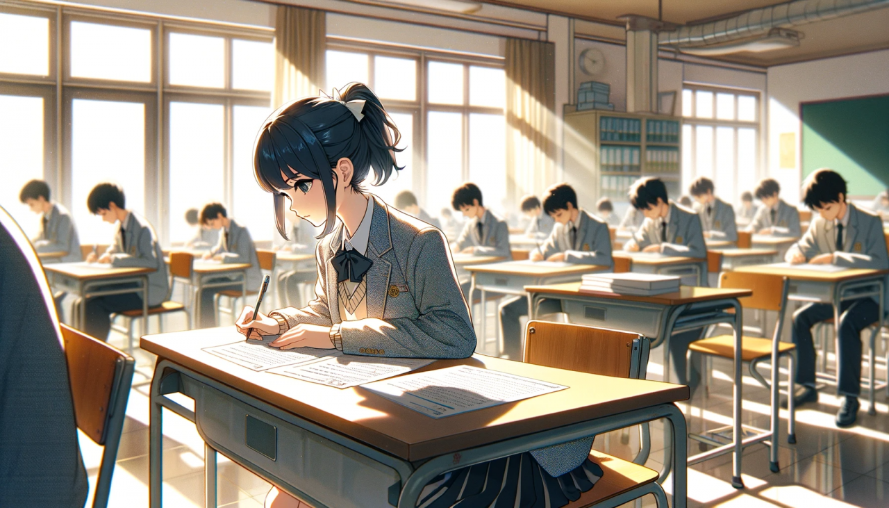 DALL·E 2023-11-28 14.27.28 - A wide anime-style illustration of a high school girl taking a university entrance exam. She is sitting at a desk in a classroom, focused intently on 