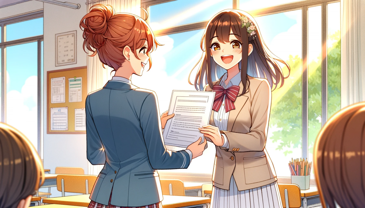 DALL·E 2023-11-23 16.08.03 - Create a horizontal illustration of a high school girl cheerfully handing in her assignment to a female teacher. The scene takes place in a sunny clas