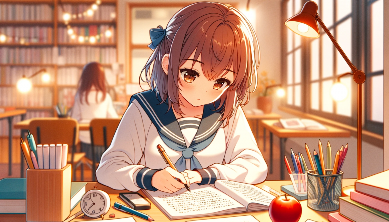 DALL·E 2023-11-21 14.20.32 - Anime illustration of a high school girl writing an essay, in the same visual style as the provided image. She should appear focused and engaged in he