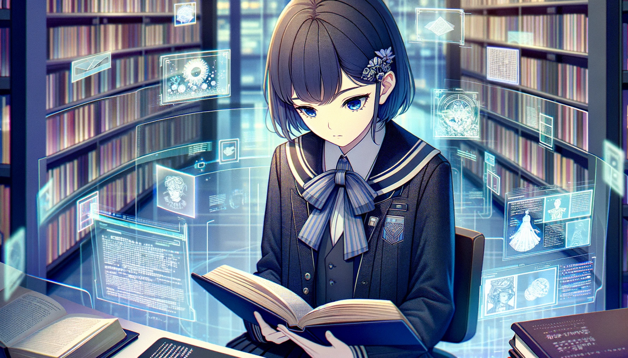 DALL·E 2023-11-25 13.59.10 - Create a horizontal anime-style illustration of a female high school student in a futuristic uniform, deeply engrossed in a literature book. The scene