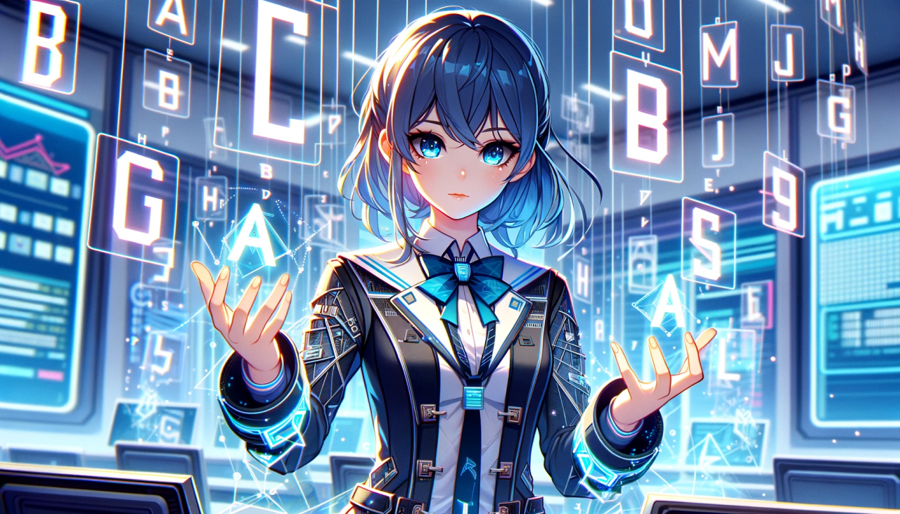 DALL·E 2023-11-25 13.58.53 - Create a horizontal anime-style illustration featuring a female high school student in a futuristic uniform, manipulating alphabetic characters in the