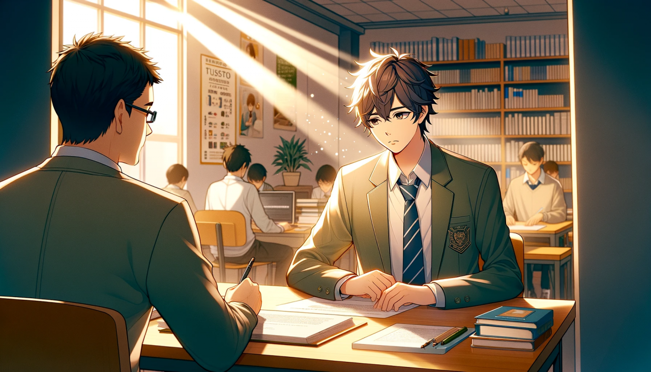 DALL·E 2023-11-30 16.41.44 - Create a horizontal anime-style illustration of a male high school student visiting a tutoring center for consultation. The scene should convey a sens
