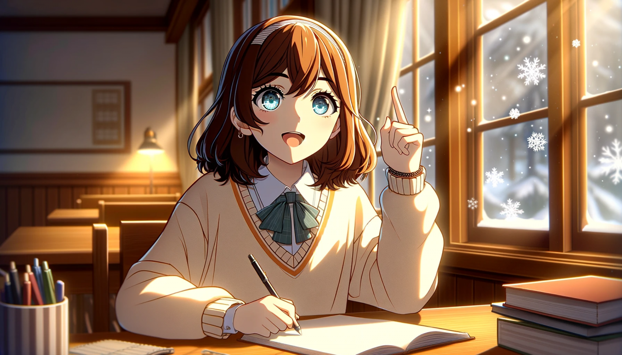 DALL·E 2023-11-21 14.20.37 - Anime illustration of a high school girl having a moment of inspiration, in the same visual style as the provided image. She is at her desk, her eyes 