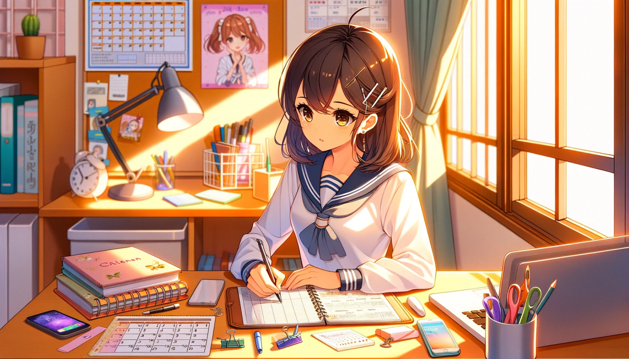 DALL·E 2023-11-30 16.41.46 - Create a horizontal anime-style illustration of a female high school student planning her schedule. She should be depicted as focused and organized, s