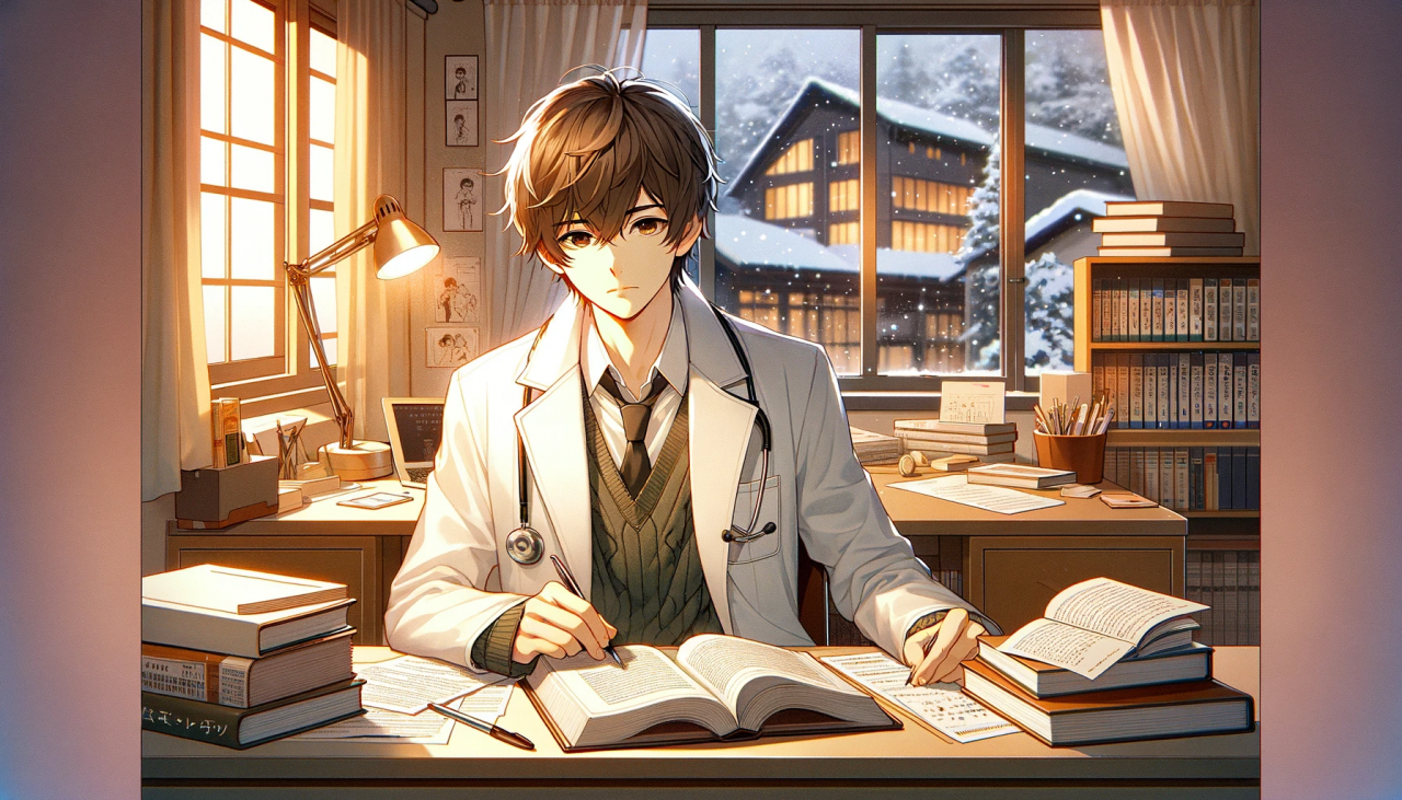 DALL·E 2023-11-22 14.07.03 - Anime illustration of a male high school student studying for medical school, in the same visual style as the provided image. He is seated at his desk