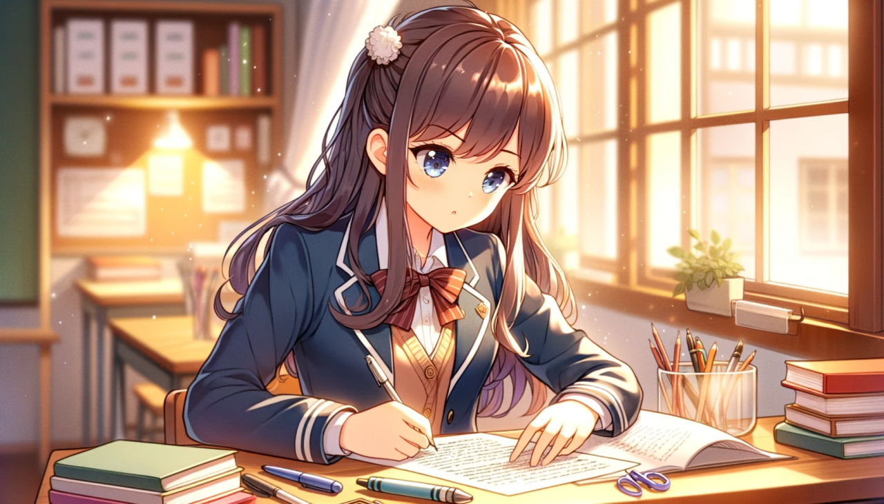 DALL·E 2023-11-21 14.20.30 - Anime illustration of a high school girl writing an essay, in the same visual style as the provided image. She should appear focused and engaged in he