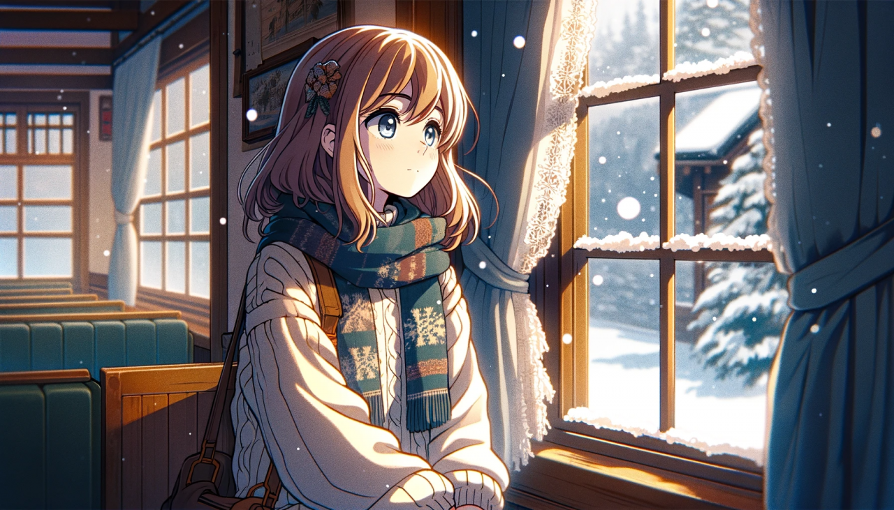 DALL·E 2023-11-18 14.20.41 - Anime illustration of a high school girl looking out a window during winter. She's wearing warm clothes, with a contemplative expression on her face a