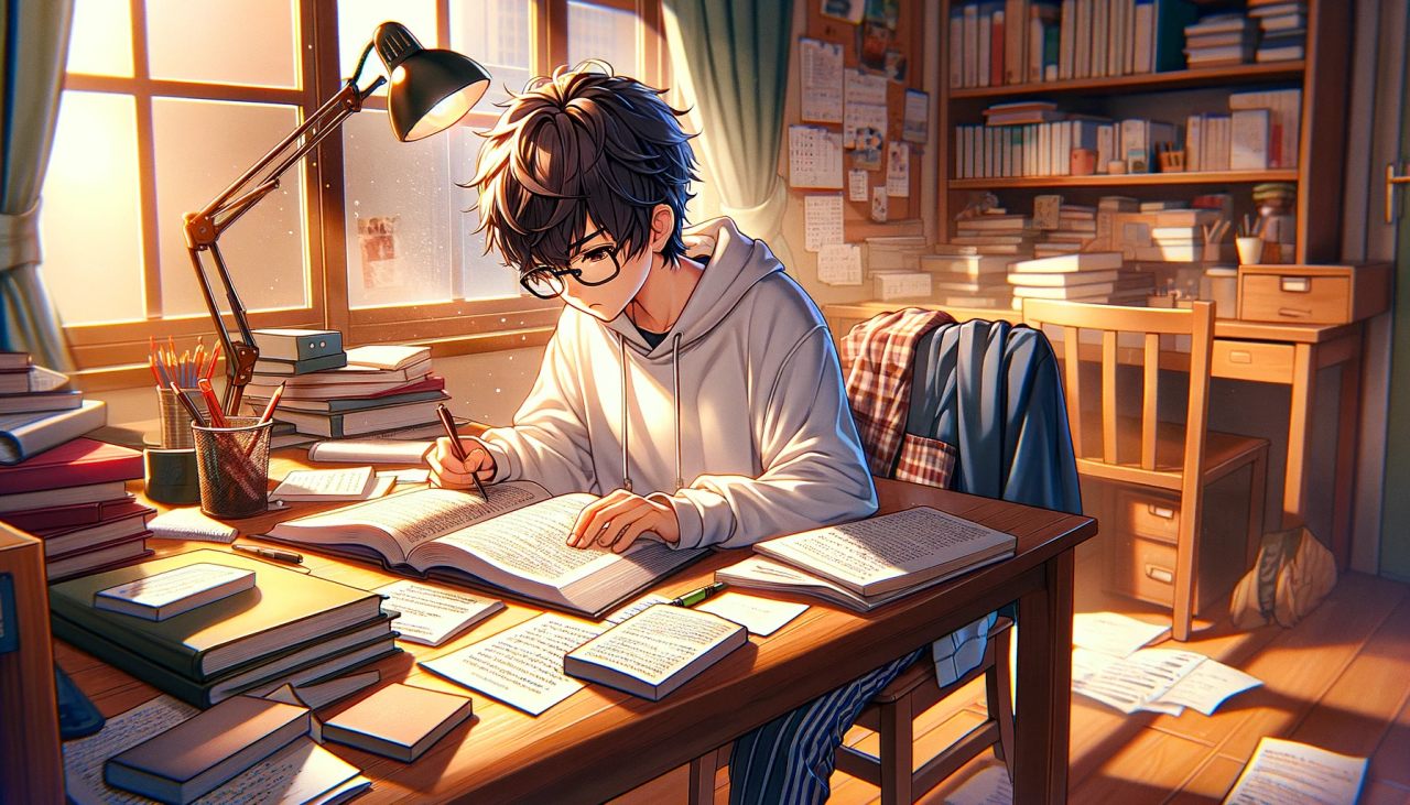DALL·E 2023-11-28 14.27.32 - A wide anime-style illustration of a high school boy studying intensively for entrance exams. He is sitting at a wooden desk in his room, which is fil