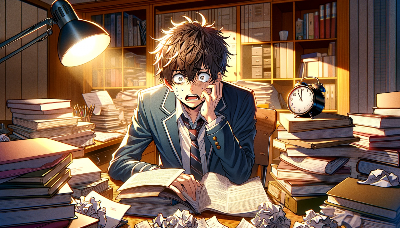 DALL·E 2023-11-23 16.08.18 - Create a horizontal illustration of a flustered male high school student surrounded by piles of books and papers, in a room that suggests a late-night