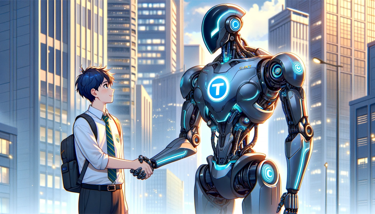 DALL·E 2023-11-25 13.53.59 - Create a horizontal anime-style illustration of a futuristic humanoid robot shaking hands with a male high school student. The robot is adorned with t