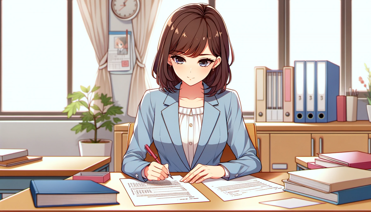 DALL·E 2023-11-21 14.20.40 - Anime illustration of a female teacher grading tests. She has a professional and attentive look as she marks papers at her desk. Books and teaching ma