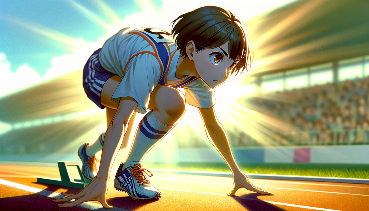 DALL·E 2023-12-28 14.36.23 - Create a wide anime-style illustration of a high school girl in a crouching start position ready for a sprint. The scene should be vibrant and full of