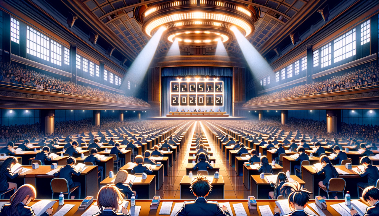 DALL·E 2023-12-05 14.29.51 - A widescreen anime-style illustration depicting a 'National Study Competition.' The scene is set in a large, grand auditorium filled with rows of desk