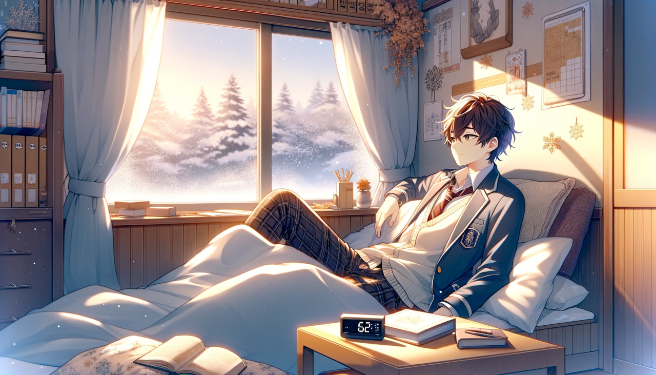 DALL·E 2023-12-14 17.24.22 - An anime-style illustration of a teenage male high school student lounging lazily in a futon on a winter morning. The room is cozy, with soft morning 