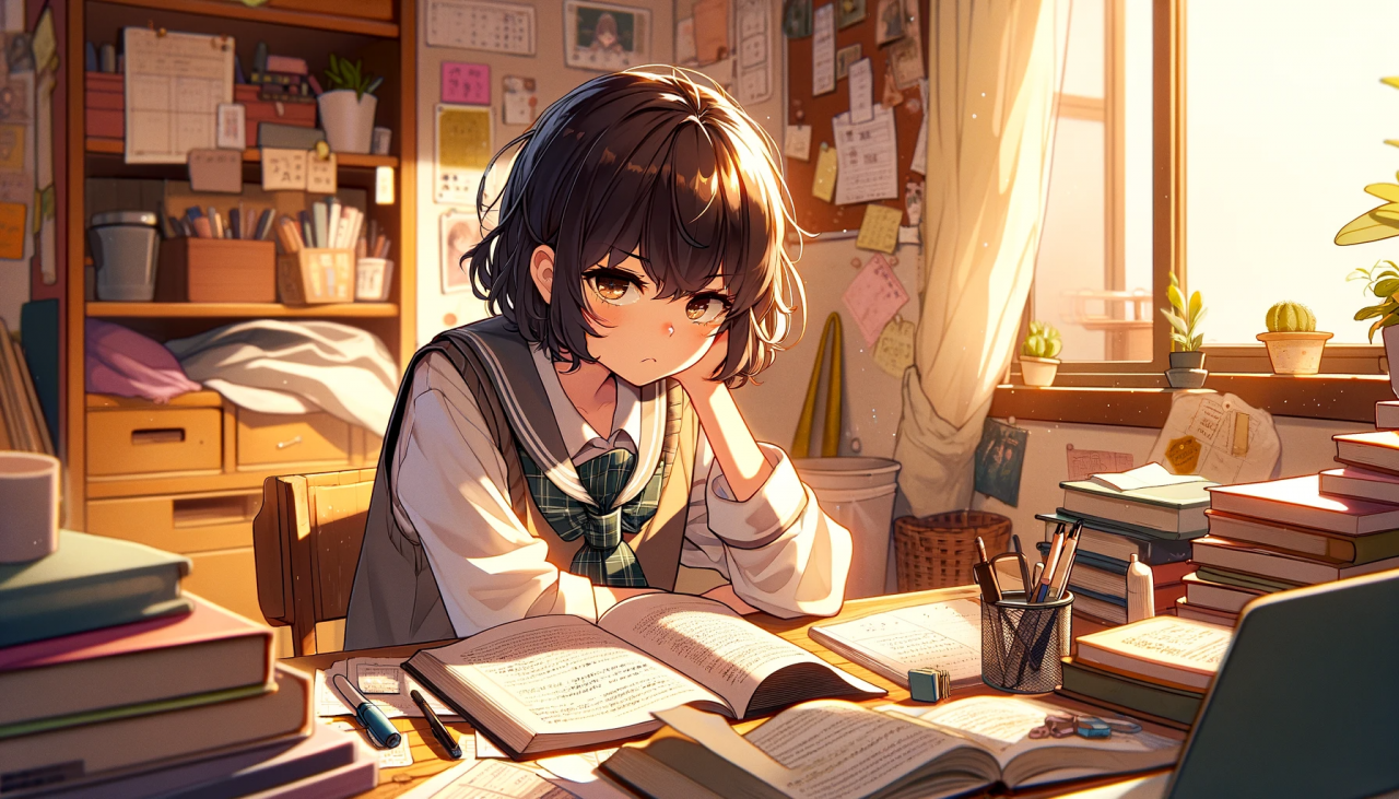 DALL·E 2023-12-27 13.42.06 - An anime-style illustration of a high school girl who appears unwilling to study. She is sitting at a desk in her bedroom, surrounded by books and pap