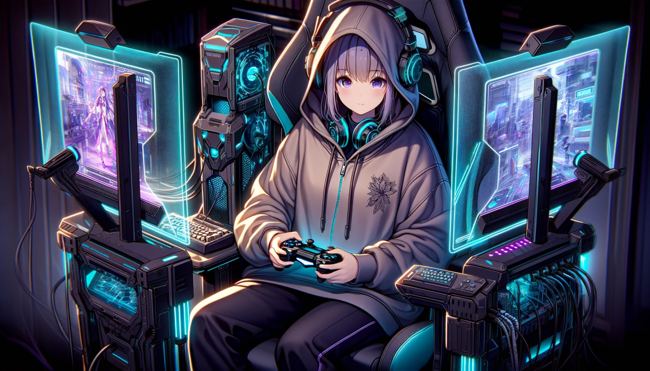 DALL·E 2023-12-27 13.42.03 - An anime-style illustration of a young woman wearing a hoodie, engaged in gaming on advanced, futuristic equipment. She's seated in a high-tech gaming