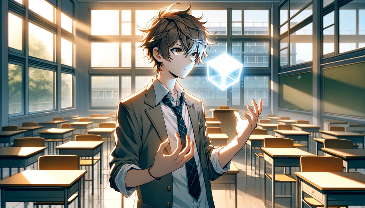 DALL·E 2023-12-23 15.01.38 - A wide anime-style illustration of a male high school student levitating a cube above his hand. The setting is a modern classroom with large windows l