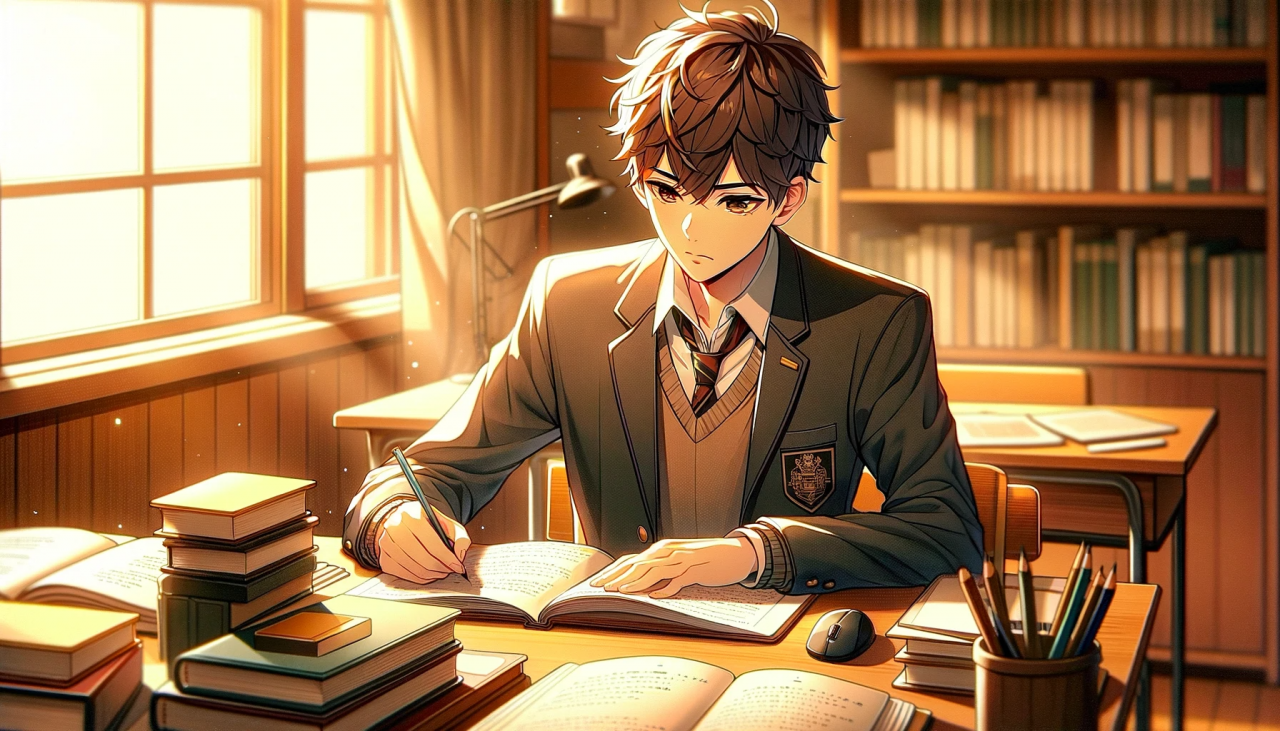 DALL·E 2023-12-07 16.39.36 - An anime illustration of a male high school student studying intently with his notebook, in the same warm and detailed anime style as previously remem