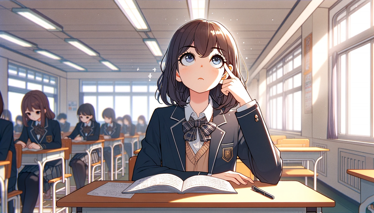 DALL·E 2023-12-21 14.59.09 - Create a wide anime-style illustration of a high school girl trying to remember something. She is sitting at a classroom desk, with her finger on her 