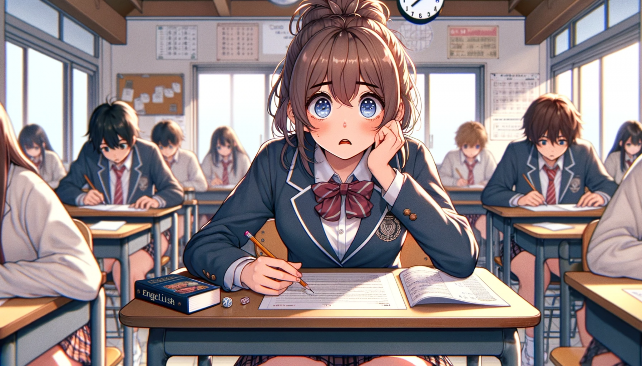 DALL·E 2023-12-16 14.45.32 - An anime-style illustration, adhering to the art style previously established, depicting a female high school student confused during an English test