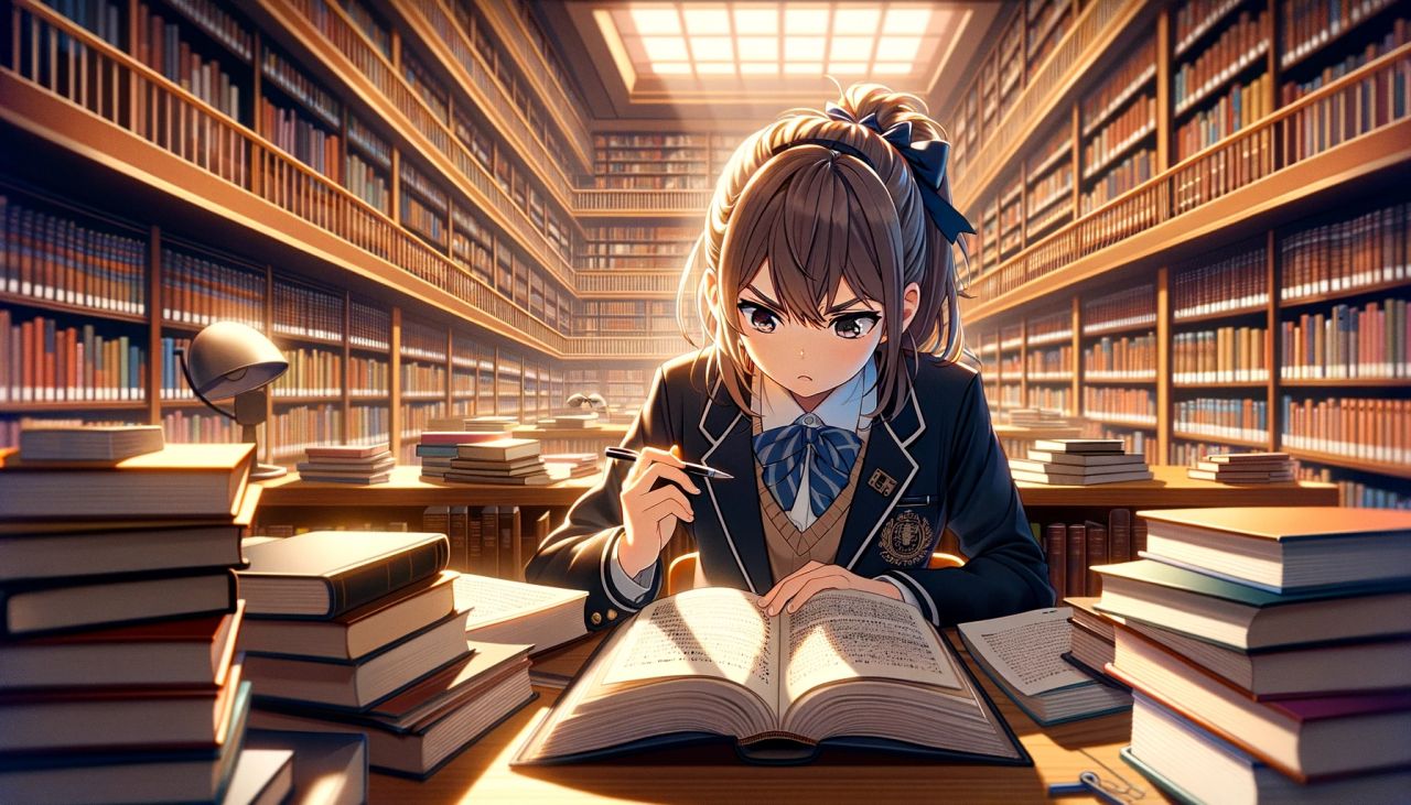 DALL·E 2023-12-23 15.01.40 - A wide anime-style illustration of a female high school student attempting to decipher a large volume of text. She is sitting in a library filled with