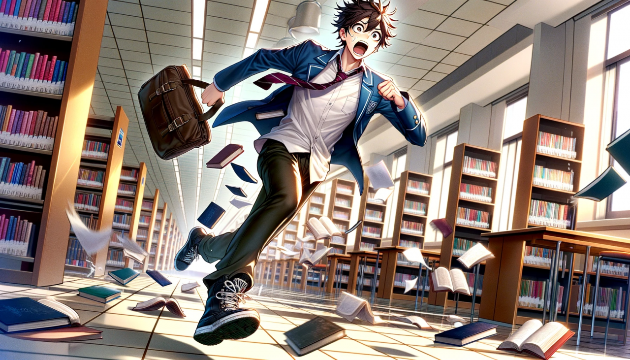 DALL·E 2023-12-27 13.42.04 - An anime-style illustration of a male high school student running across a library floor with a comically frightened expression, as if he is being cha