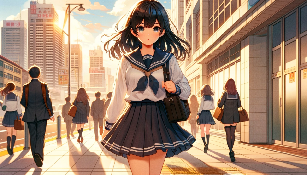 DALL·E 2023-12-05 14.29.54 - A widescreen anime-style illustration of a high school girl on her way to a university entrance examination. She is walking with determination, wearin