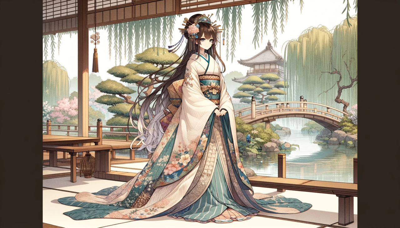 DALL·E 2023-12-28 15.14.24 - Create a wide anime-style illustration of a woman in traditional Heian-period clothing. The illustration should capture the elegance and detailed styl