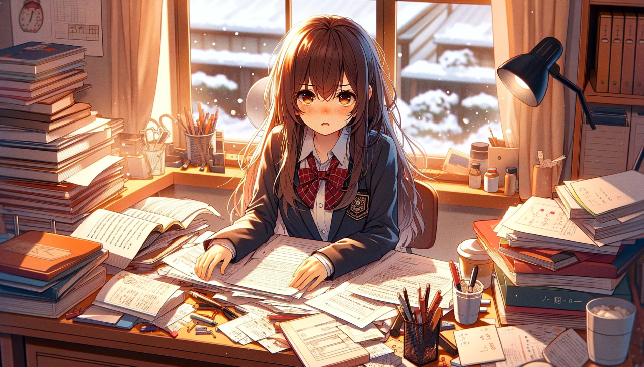 DALL·E 2023-12-07 16.37.24 - An anime illustration of a high school girl overwhelmed with school assignments. She's sitting at a messy desk covered with papers and textbooks, look