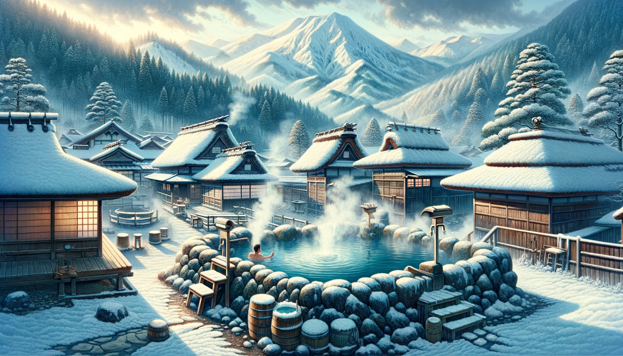 DALL·E 2023-12-14 17.23.51 - A wide-format illustration of a traditional Japanese onsen (hot spring) in winter. The scene shows an outdoor hot spring bath surrounded by snowy land