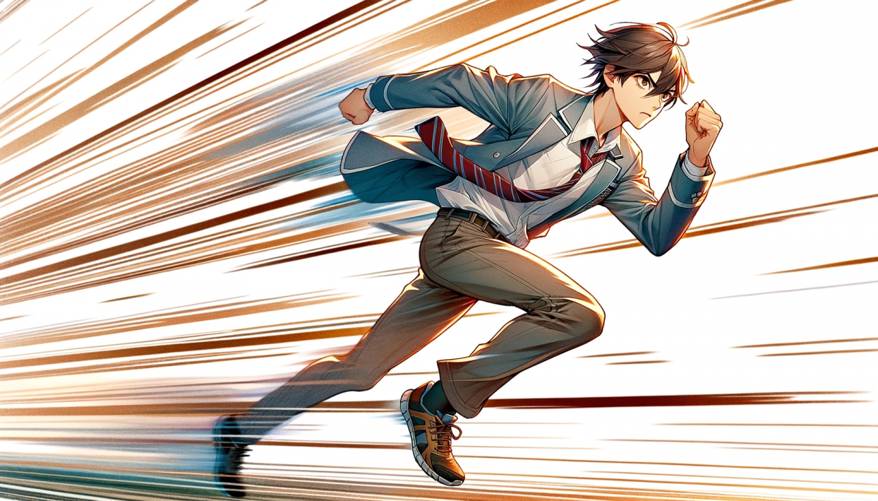 DALL·E 2023-12-02 19.44.26 - Create a wide anime-style illustration of a male high school student running at high speed. The scene is dynamic, with the background blurred to give 
