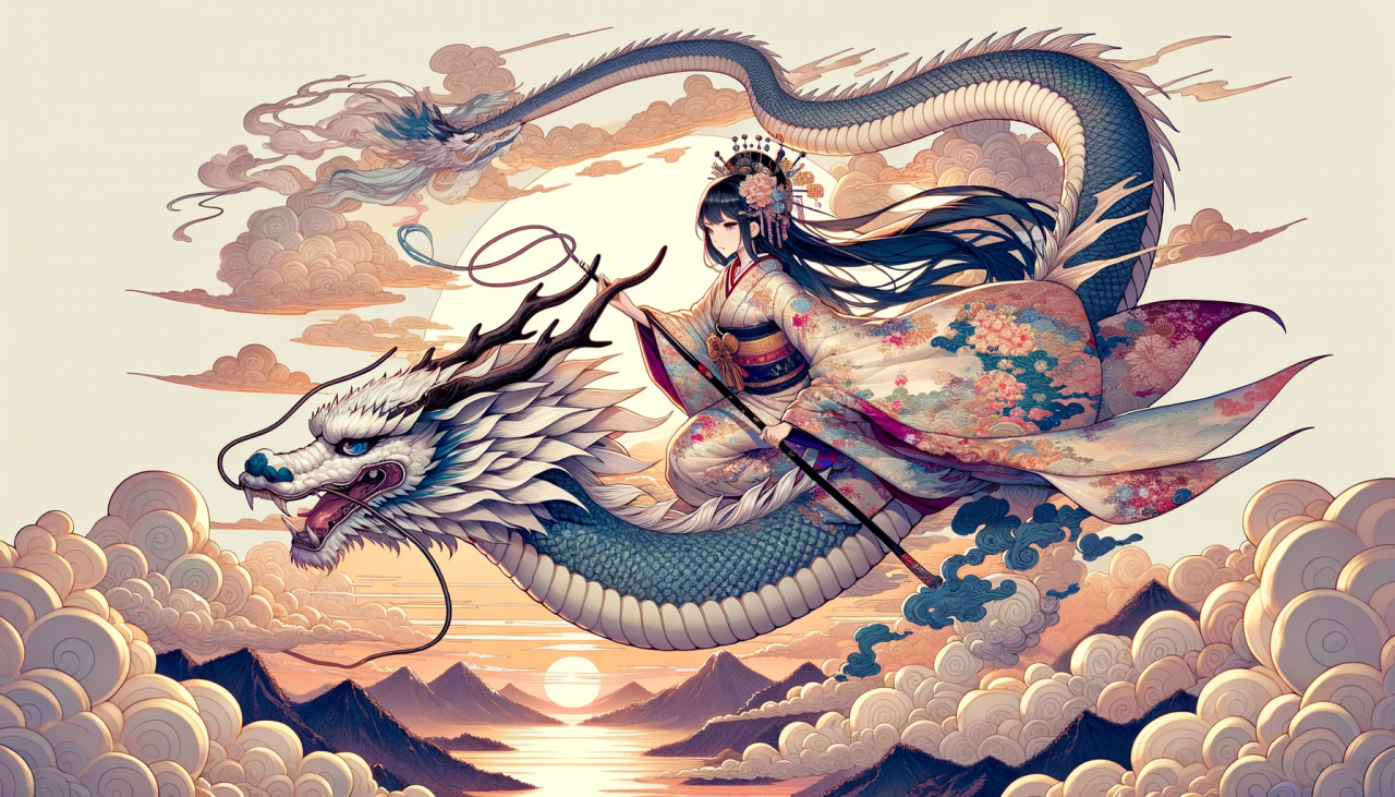 DALL·E 2023-12-28 15.14.15 - Create a wide anime-style illustration of a woman in traditional Japanese clothing riding a dragon. The woman should be elegantly dressed in a beautif